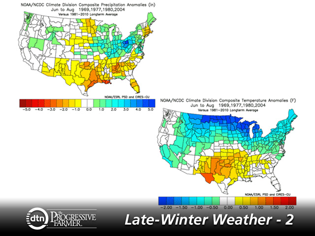 Analog forecast charts show mild midsummer weather patterns in the Midwest. Hotter and drier conditions are confined to the Southern Plains. (NOAA graphic by Nick Scalise)