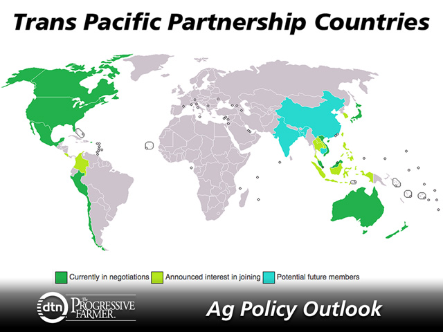 The White House is aggressively pushing to close a trade deal in the Pacific that would be considered the largest trade deal for the U.S. since the North American Free Trade Agreement in 1994. The outcome of the Trans-Pacific Partnership deal may hinge on President Barack Obama getting support from Republicans for Trade Promotion Authority. (Photo by Japinderum, Phospheros and Orser67, CC BY-SA 2.0; DTN graphic by Nick Scalise)