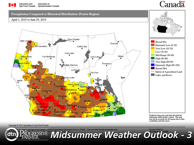 Widespread drought in the Canadian Prairies and northwestern U.S. and extensive heat in Europe coincide with late-season U.S. rain to imply reduced world wheat harvest size this year. (AgriFood Canada graphic)