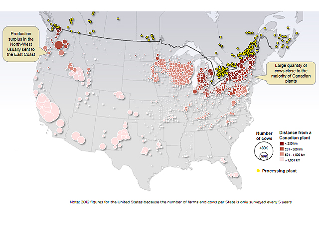 According to a study by The Boston Consulting Group, 960,000 U.S. milk cows in the U.S. are within 155 miles (250 kilometers) of a Canadian dairy plant -- about equal to the whole Canadian dairy cow herd. This is based on 2012 data, the last time a survey was done on U.S. farms and cows. (Graphic courtesy of The Boston Consulting Group)