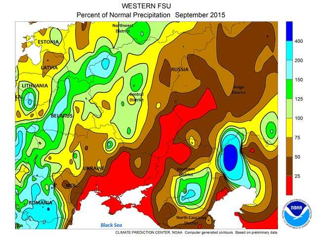 September continued the dry and very warm pattern in Ukraine and Russia. (NOAA Graphic)