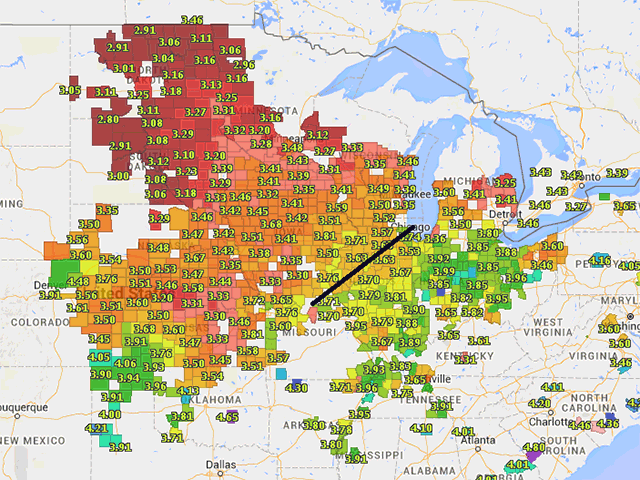 The DTN Market Tracker, available on DTN subscription products, shows cash corn basis levels by county. Counties shaded red, orange or yellow currently have a cash basis that&#039;s below futures prices, while cash prices in green and blue counties are above futures. (DTN chart)