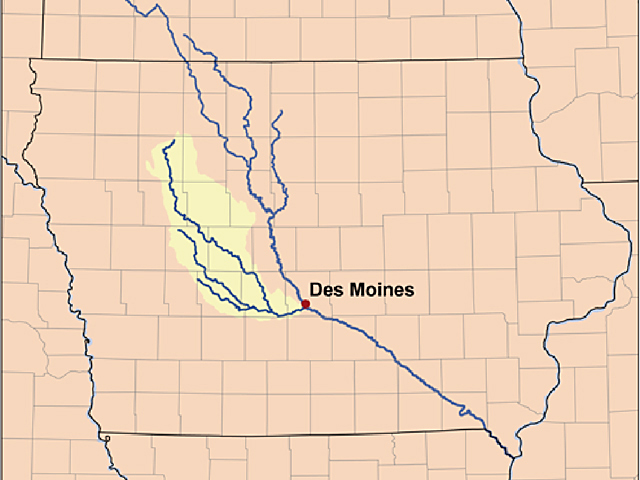 The Raccoon River drains 3,625 square miles, which is equal to 2.3 million acres, in west-central Iowa. (Graphic courtesy of USGS)