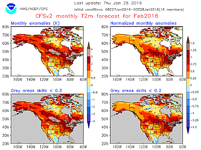 The latest February temperature forecast from the U.S. National Center for Environmental Prediction shows above-normal temperatures are forecast for nearly all of Canada, including the Prairies. (Graphic courtesy of U.S. National Center for Environmental Prediction)