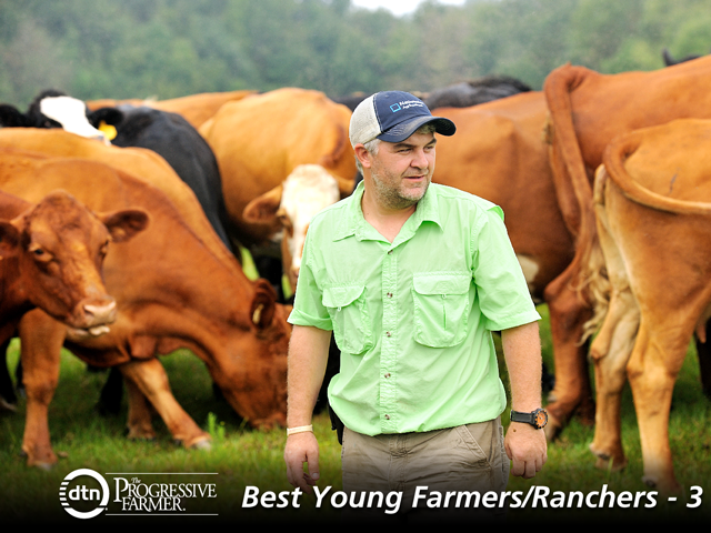 As part of Norris Farms&#039; diverse business, Bo Norris runs 70 Simmental bred heifers and their Angus-mix calves. (DTN/The Progressive Farmer photo by Jim Patrico)