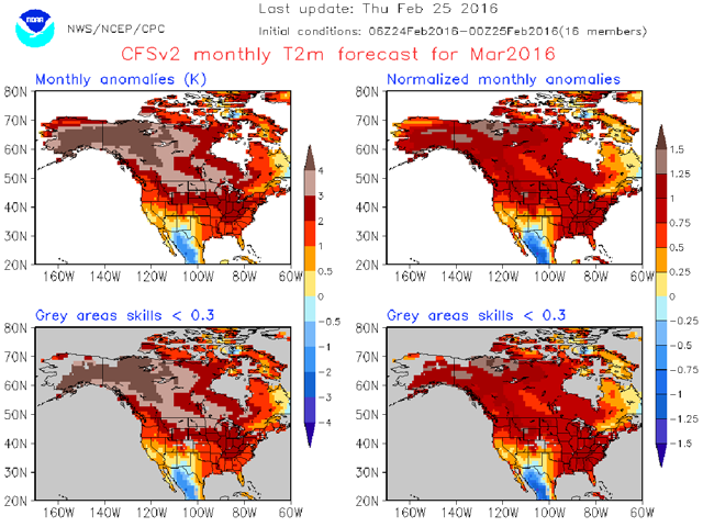 The monthly forecast chart from the National Centers for Environmental Prediction shows mild, dry conditions should be the prevailing theme across Western Canada next month. (Chart courtesy of the National Centers for Environmental Prediction)