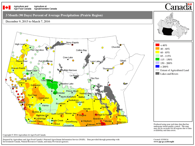 A chart showing three-month percent of average precipitation in the Prairies, from Dec. 9 to March 7, reveals how much drier-than-normal the winter has been. (Chart courtesy of Environment Canada)