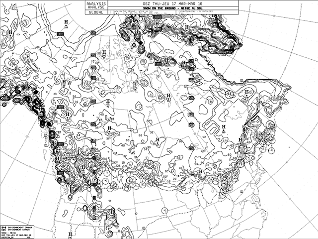 The snow cover chart from last night shows that snow cover remains below average across the Prairies for this time of year. (Chart courtesy of Environment Canada)