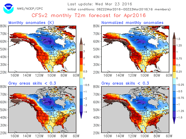 This forecast shows the latest forecast for April from the U.S. National Center for Environmental Prediction and hints that winter weather may still be a player well into April. (Graphic courtesy of U.S. National Center for Environmental Prediction)