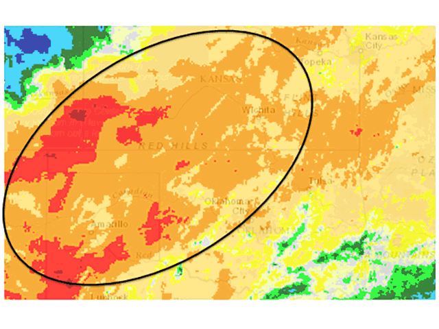 The past 60 days have brought no more than 25% of normal precipitation to the southwestern Plains wheat areas. (NOAA graphic by Nick Scalise)