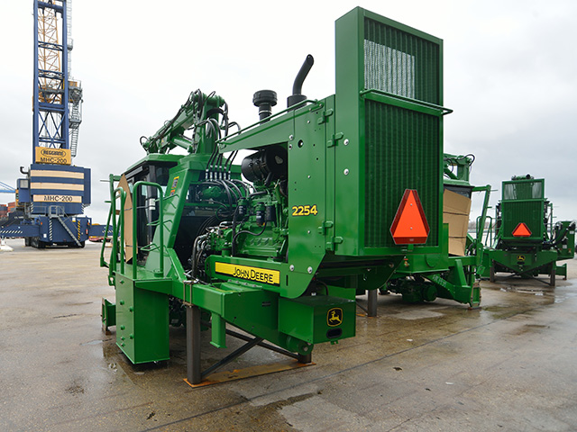 U.S. ports and harbors need updating to handle larger vessels and more traffic. This John Deere sugar cane harvester awaits export at the Port of New Orleans. (DTN/The Progressive Farmer photo by Jim Patrico)