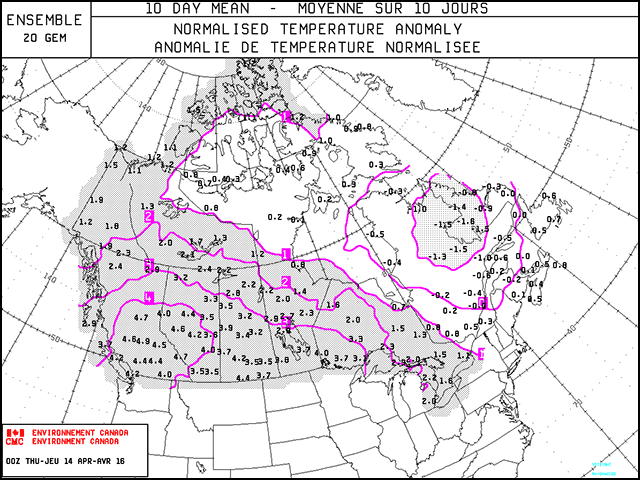 According to Environment Canada, the forecast average temperature will be warmer during the 10-day outlook. (Chart courtesy of Environment Canada)
