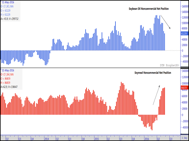 The net-long futures position held by noncommercial traders, or investors, of soybean oil has fallen over the last three weeks (blue bars, upper study) as of the week ending May 31 while the lower study shows the net-long futures position of soymeal held by this group increasing over the past six weeks (red bars). (DTN graphic by Nick Scalise)