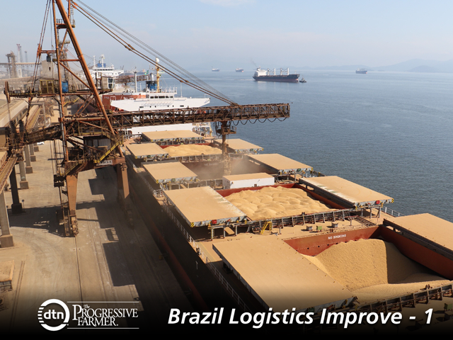 Soymeal loading at Paranagua port. Brazil&#039;s ports have been registering record soy exports this year. (DTN photo by Alastair Stewart)
