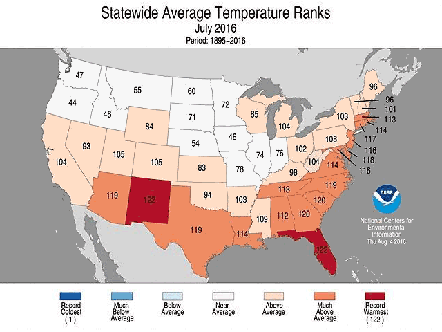 A look at July U.S. temperatures shows that the Eastern Corn Belt, notably Ohio and Michigan, had yield potential curbed by above-normal conditions -- warmer than normal. (NOAA graphic by Nick Scalise)