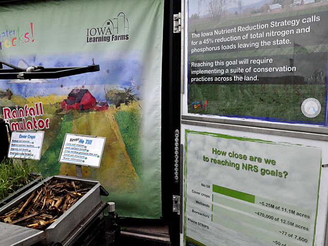 A rain simulator with details on Iowa&#039;s nutrient reduction strategy was part of the display outside the Iowa State University building at the Farm Progress Show near Boone, Iowa on Tuesday. (DTN photo by Chris Clayton)