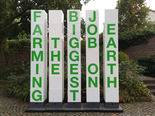 Agriculture deserves center stage for playing an important role in the global economy. This sculpture proclaiming that fact met journalists this week during BASF&#039;s press conference. (DTN photo by Pamela Smith)