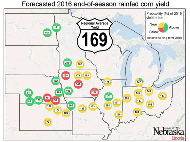 The final Cropwatch corn yield estimate for 2016 yield average is 169 bushels per acre. That's under USDA's September figure of 174.4 bushels per acre. (UNL graphic by Nick Scalise)