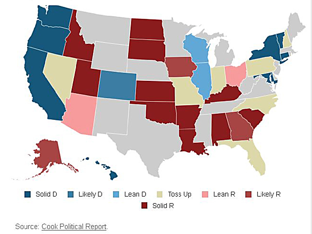This map from Cook Political Report shows the various rankings of Senate races across the country and the likelihood they could change parties. (Graphic courtesy of Cook Political Report)