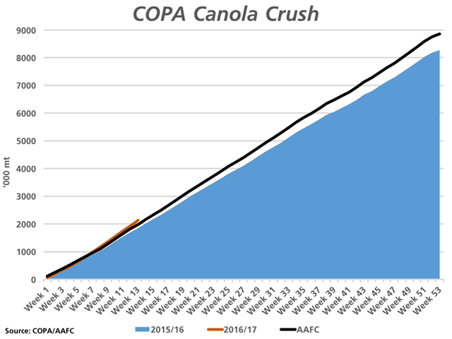 The blue-shade area represents the trend in Canada's canola crush in 2015/16, while the black line represents the targeted year-over-year increase of 7% in the current crop year. The 2016/17 trend is indicated by the red line, just slightly above the forecast trend. (DTN graphic by Nick Scalise)