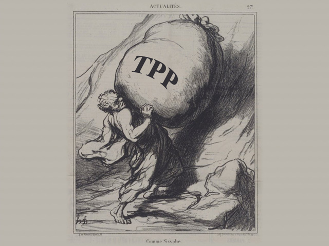 The Trans-Pacific Partnership has faced a growing uphill climb throughout the year as presidential candidates have catered to populist arguments against free-trade agreements. (DTN illustration by Nick Scalise) 