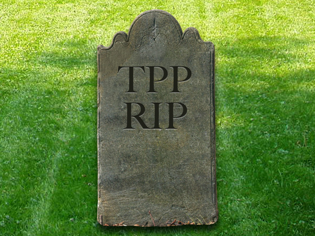 The consensus now stretching from emergency room to embalming table to Ouija board is that the TPP is as dead as a doorknob. (Headstone by takomabibelot)