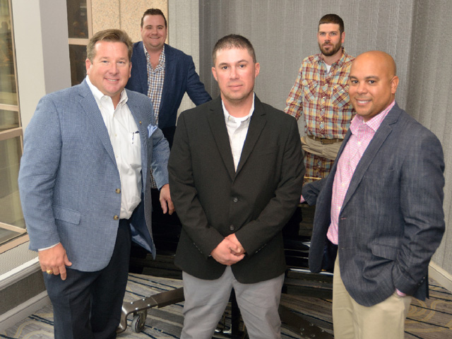 Pictured are the 2016 DTN/the Progressive Farmer Best Young Farmers and Ranchers Program honorees. Front row, left to right: Marty Wooldridge, JR Shannon, Angelo Erickson, Adam Winkelman, Lamont Bridgeforth (DTN/The Progressive Farmer photo by Jim Patrico)