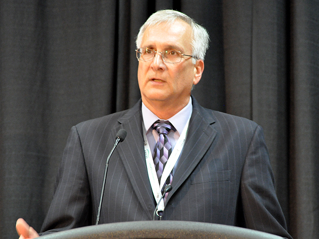 Ron Moore, president of the American Soybean Association and a farmer from western Illinois, said the ASA wants to see funding double for the Market Access Program and Foreign Market Development Program. Moore spoke Thursday at Commodity Classic in San Antonio, Texas. (DTN photo by Chris Clayton)