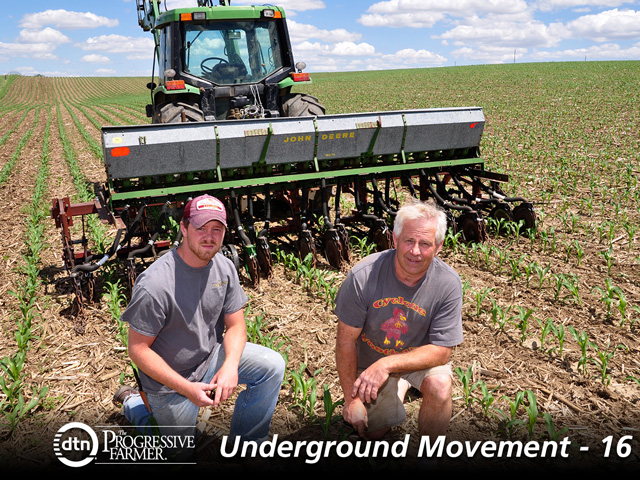 Bryce and Brian Irlbeck modified a John Deere Model B Van Brunt drill to interseed a cover crop between 30-inch rows of a young corn crop. (DTN/The Progressive Farmer photo by Lynn Betts)