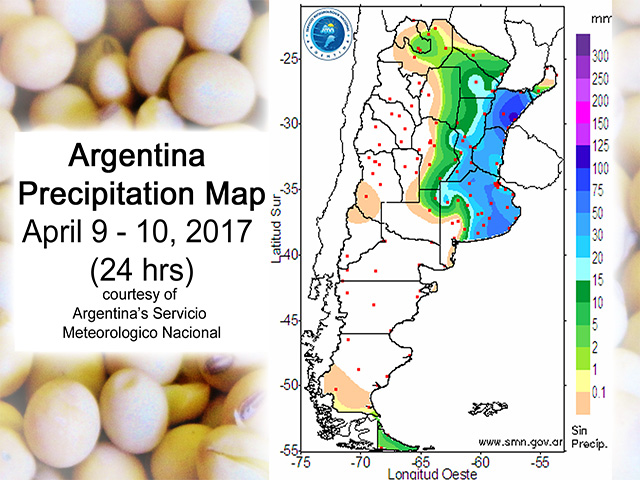 The 24-hour rainfall at the start of this week in Buenos Aires and Sante Fe showed totals as high as 100 mm (upwards of 3 inches), and for the entire weekend there were some 7-to-8-inch totals. (DTN graphic)