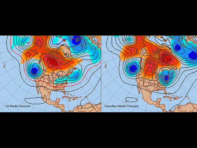 Upper-atmosphere high pressure, resulting in dry and warm conditions, is a big feature over the next ten days in the Prairies. (Penn State graphic by Nick Scalise) 