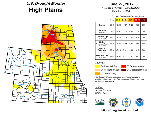 As drought expands in the Northern Plains, as shown in the U.S. Drought Monitor map released June 29, members of Congress are examining the role of the Conservation Reserve Program. (Map courtesy of U.S. Drought Monitor) 