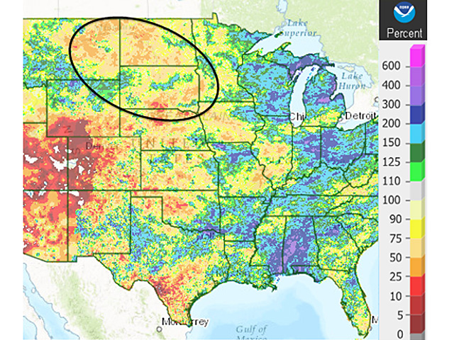 Northern Plains precipitation in the past 30 days has been no more than half the normal total. (NOAA graphic by Scott R Kemper)