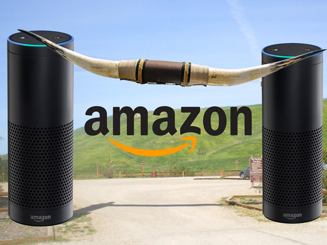 In the future, perhaps Alexa can help steer cattle sales in the right direction. (Horns by lorenkerns, CC BY 2.0; Victory Gateway at Upper Los Virgenes by Cbl62, CC BY-SA 3.0; Amazon images courtesy Amazon; DTN illustration by Nick Scalise)