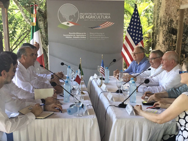 Agriculture Secretary Sonny Perdue and others from the U.S. delegation, on the right, meet with Mexico Agriculture Secretary Pepe Calzada and others from the Mexican delegation in Mexico on Thursday. (Photo courtesy of USDA)
