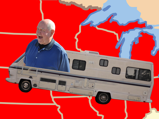 Agriculture Secretary Sonny Perdue is taking an RV on a farm-bill road trip this week. (Sonny Purdue by Chris Clayton, RV by timquijano (CC BY 2.0), Illustration by Nick Scalise)