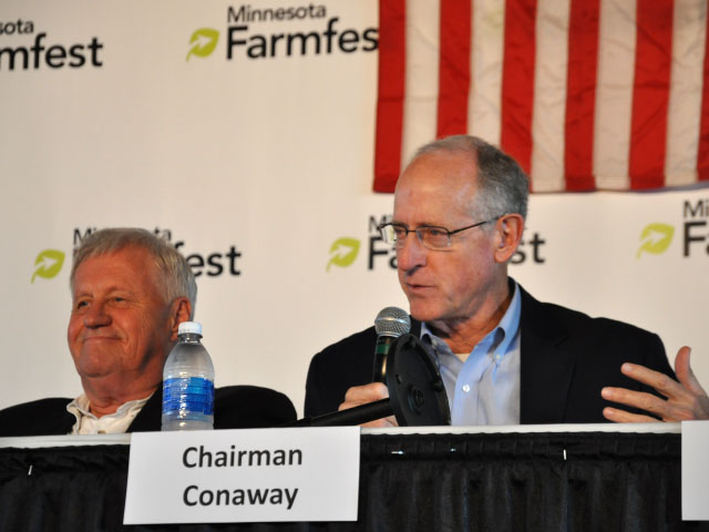 House Agriculture Committee Ranking Member Collin Peterson, D-Minn., (left) and Committee Chairman Mike Conaway, R-Texas, open up a farm bill listening session at Farmfest in Morgan, Minnesota, on Thursday. (DTN photo by Chris Clayton)