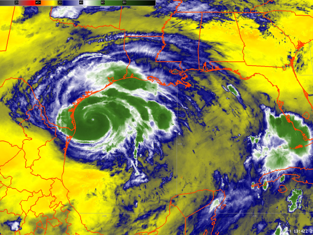 Enhanced water vapor imagery from the GOES-16 satellite shows intense pooling of moisture as Harvey makes its way toward landfall on the south Texas coast. (NOAA image by Nick Scalise)