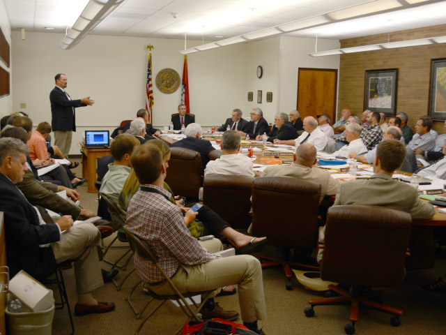 Weed scientist Jason Norsworthy discusses dicamba research trials with the Arkansas State Plant Board. (DTN photo by Greg D. Horstmeier)