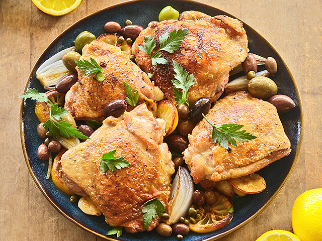 Inexpensive chicken thighs are paired with lemon and olives for this easy weeknight meal that pairs well with herbed rice and crusty bread. DTN/Progressive Farmer image by Rachel Johnson)