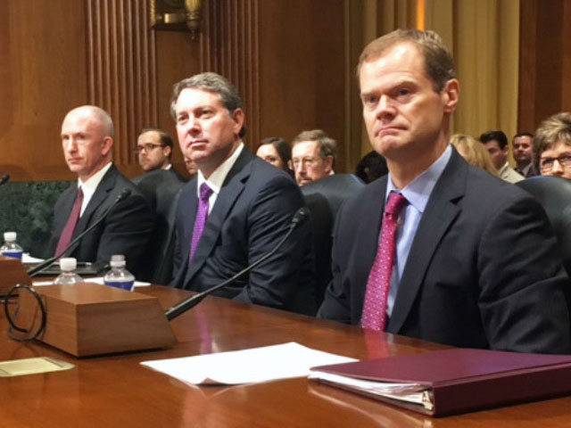 The Senate Finance Committee heard from three trade-related nominees Thursday morning, from left, Jeffrey Gerrish, to be a deputy U.S. trade representative; Gregory Doud, to be chief agricultural negotiator, and Jason Kearns, to be a member of the U.S. International Trade Commission (DTN photo by Jerry Hagstrom)