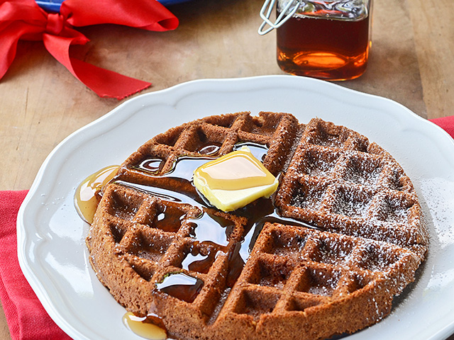 Dark, spiced gingerbread batter is spooned into a hot waffle iron for a new take on breakfast. Serve with warm syrup or whipped. (Progressive Farmer image by Rachel Johnson)