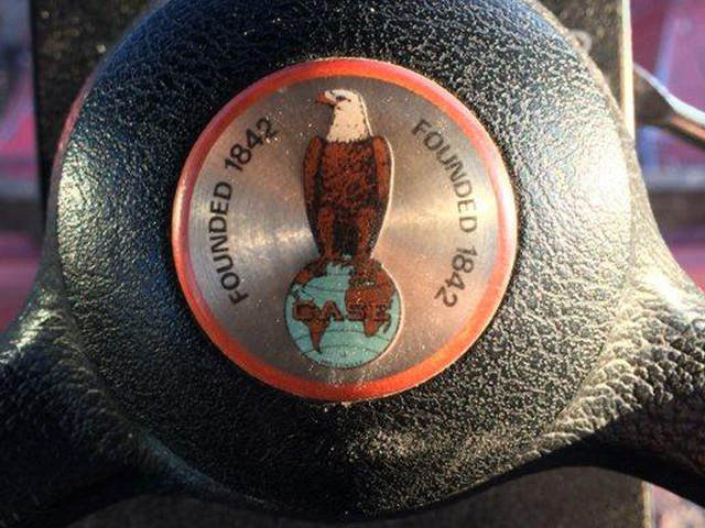 Old Abe, Case Farm Equipment&#039;s mascot for many decades, can still found on newer Case IH farm equipment. This is the steering wheel of a 1993 Case IH 1644 combine. (Photo courtesy of Howard Myers)