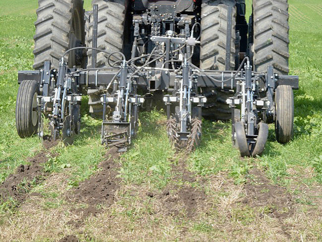 A Twin Diamond strip-till implement demonstrates four types of closing wheels. (DTN/The Progressive Farmer photo by Susan Winsor)