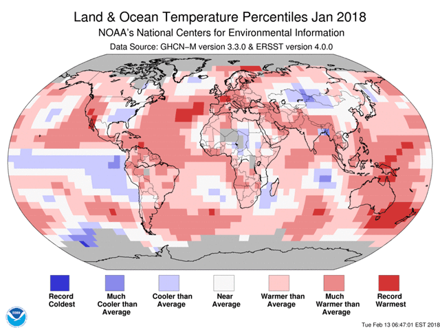 January 2018 was cold in parts of the U.S. and Asia, but well above normal on warmth in many other locations. (National Centers of Environmental Information graphic)