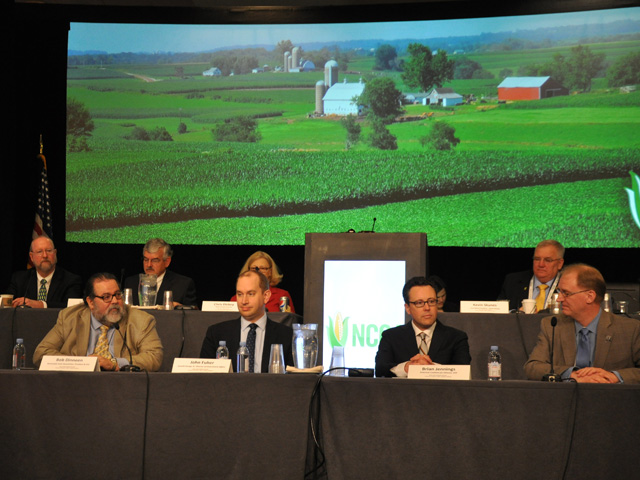 Bob Dinneen of the Renewable Fuels Association, John Fuher of Growth Energy, Brian Jennings of the American Coalition for Ethanol, and Chris Novak of the National Corn Growers Association talked Tuesday at Commodity Classic in Anaheim, California, about the RFS debate going on in Washington. (DTN photo by Chris Clayton)