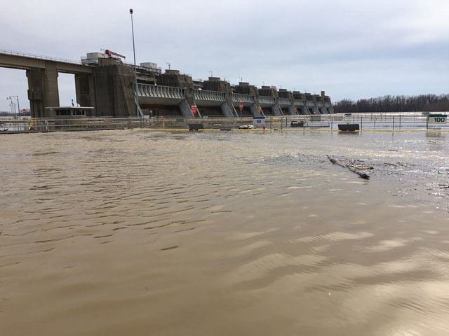 High water at the Newburgh Locks and Dam, located on the Ohio River near Newburgh, Indiana, at MM776.1 below Pittsburgh, Pennsylvania. (Photo courtesy of U.S. Army Corps of Engineers Great Lakes and Ohio River Division)