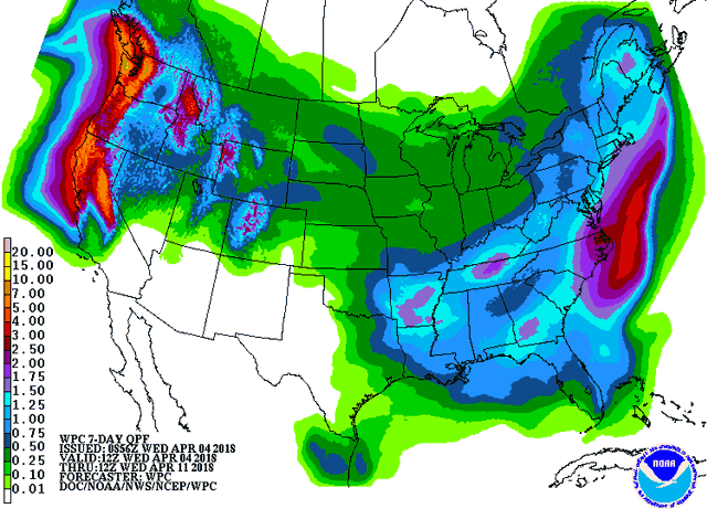 Northern through eastern crop areas stay with moderate to heavy precipitation through mid-April, but Southern Plains areas have almost no moisture indicated. (Graphic courtesy of NOAA)