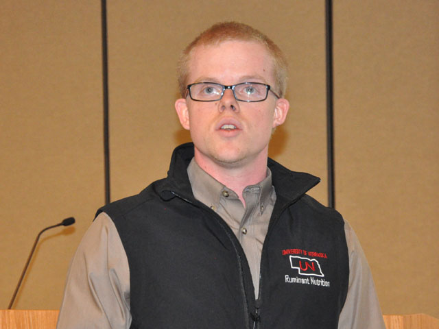 Zac Carlson, a student from the University of Nebraska-Lincoln, shared the results of his research on alternative cow-calf production systems during a recent field day at the Eastern Nebraska Research and Extension Center near Mead, Nebraska. (DTN photo by Russ Quinn)