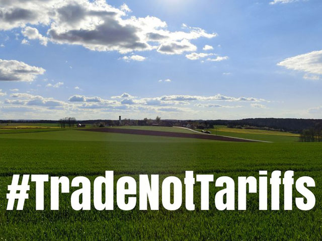 Last year as tariff talk with China heated up, farm groups championed the hashtag #tradenottariffs. Image courtesy of the Nebraska Corn Growers Association. 